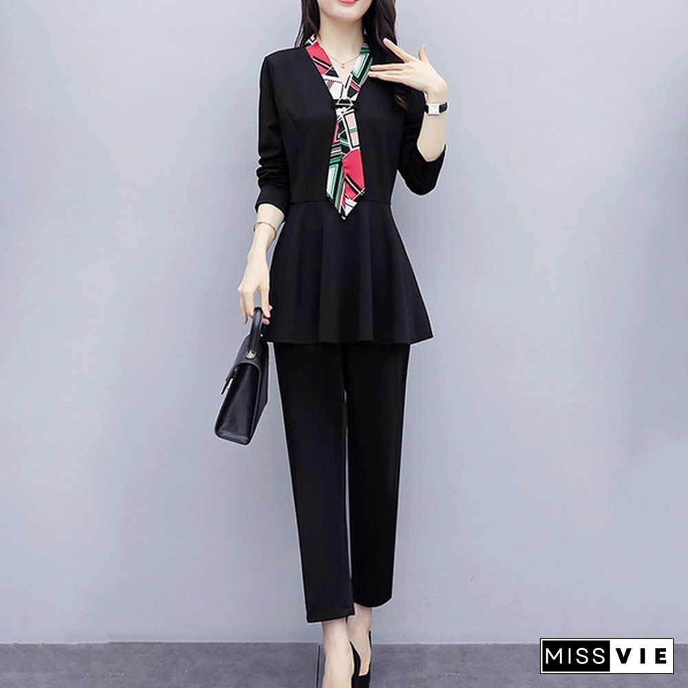 L-5Xl Black Autumn Two Piece Sets Outfits Women Plus Size Long Sleeve Tunics Tops And Pants Suits Elegant Office Ol Style Sets