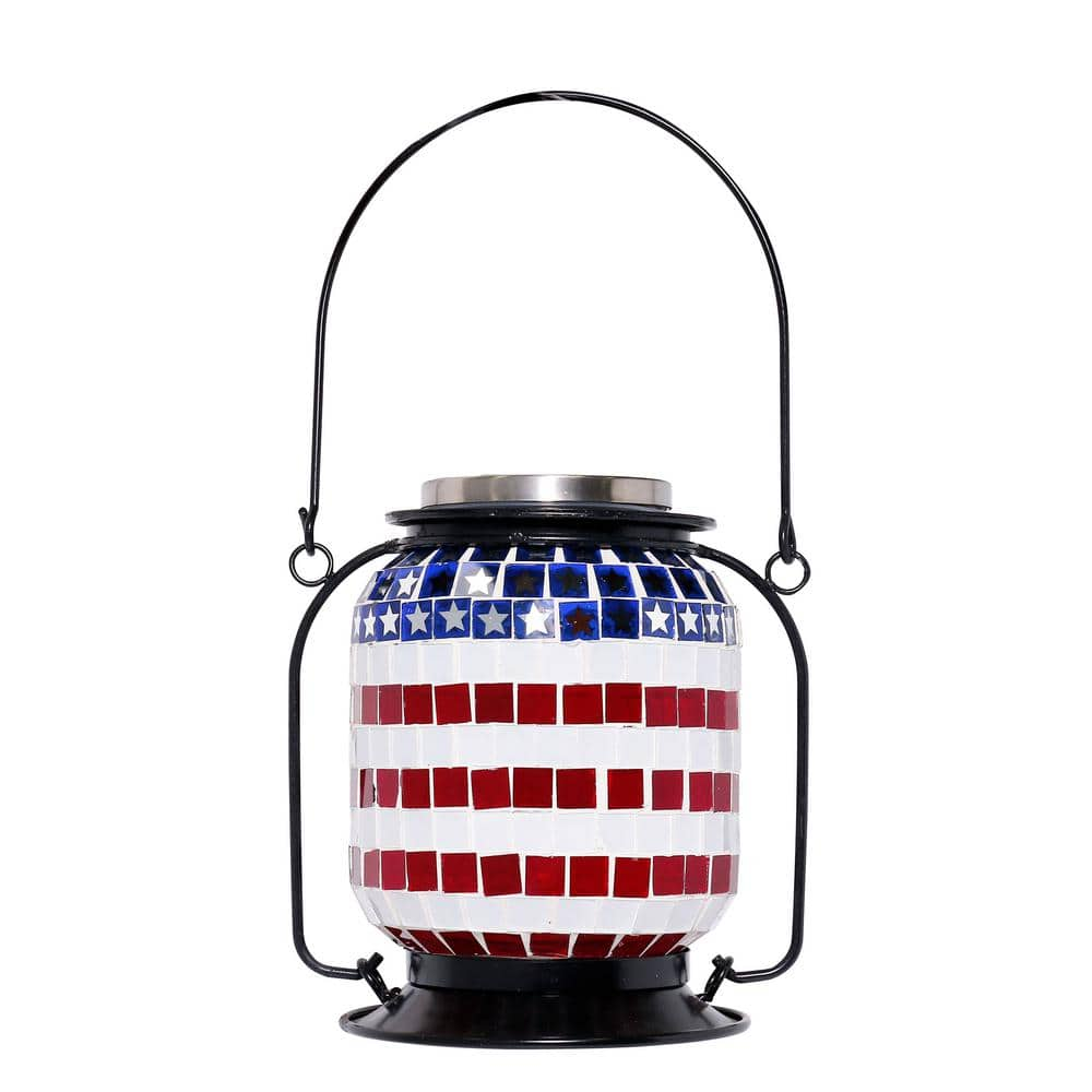 Alpine Corporation 7 in. Tall Hanging Solar Powered Outdoor Patriotic Lantern with LED Lights SLL2224SLR