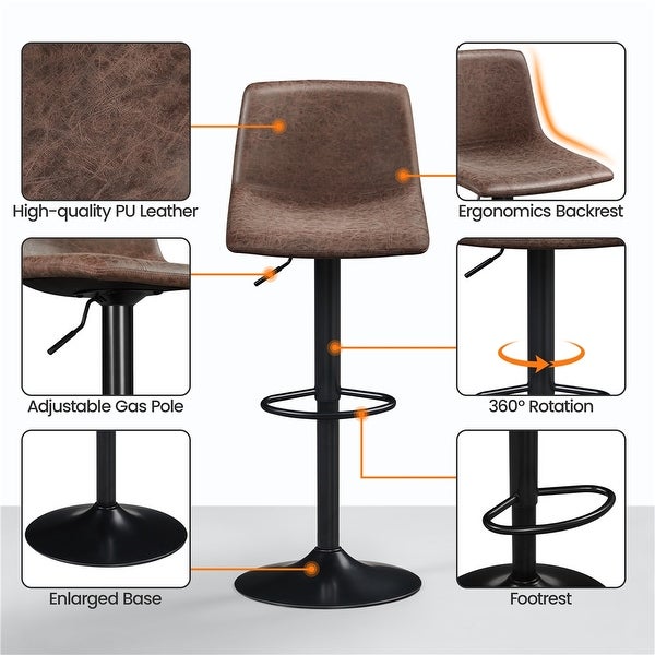 2pcs Vintage Adjustable PU leather Bar Stools Mid-back for Kitchen