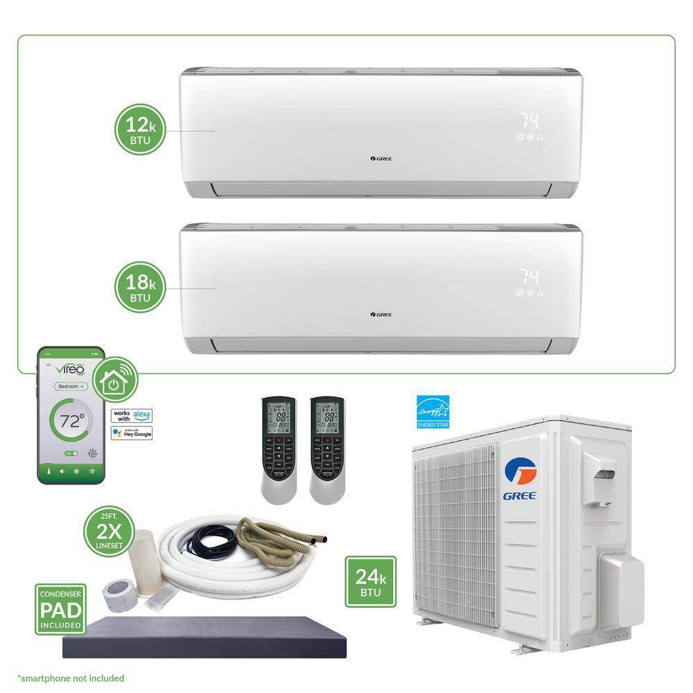 GREE Gen3 Smart Home Dual-Zone 24000 BTU 2 Ton Ductless Mini Split Air Conditioner  Heat Pump - 25 ft. Install Kit - 230V MULTI24VIR213HP