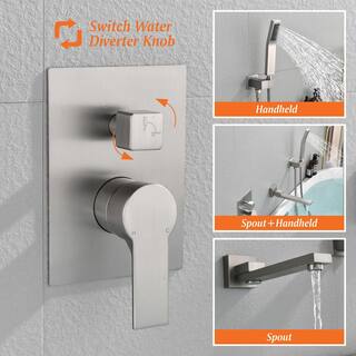 Miscool Oberlin Single-Handle Wall Mount Roman Tub Faucet with Swivel Tub Spout and Hand Shower in Brushed Nickel SHSMDH10C030BNH