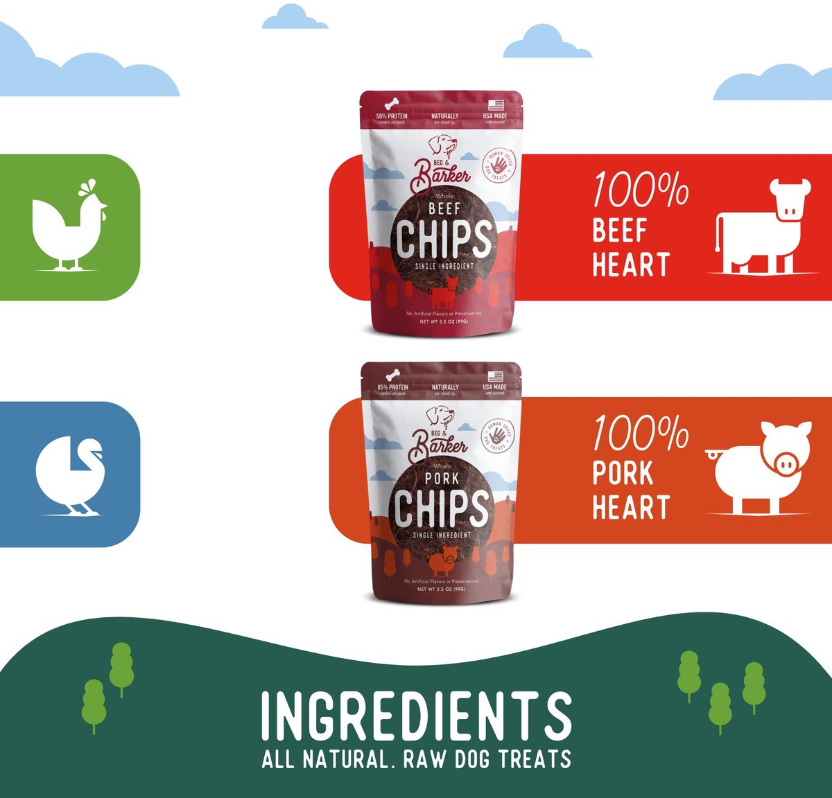 Beg and Barker Hog 'n Hoof Combo Whole Pork and Beef Chips Natural Single Ingredient Dog Treats