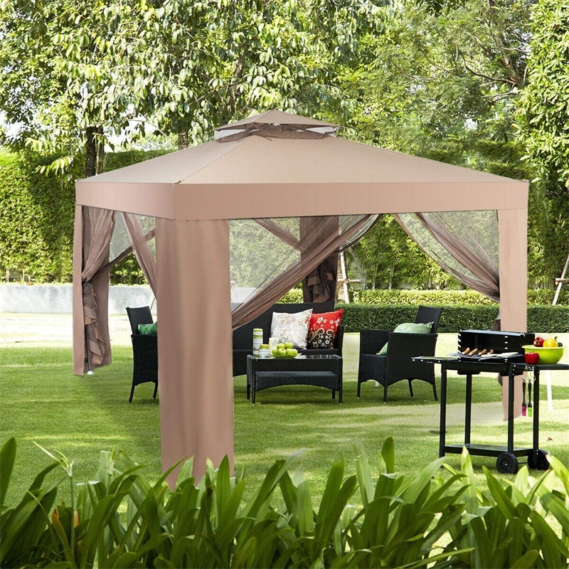 10 x 10 FT Patio Steel Gazebo with Netting, Vented Outdoor Canopy Gazebo Tent for House Party