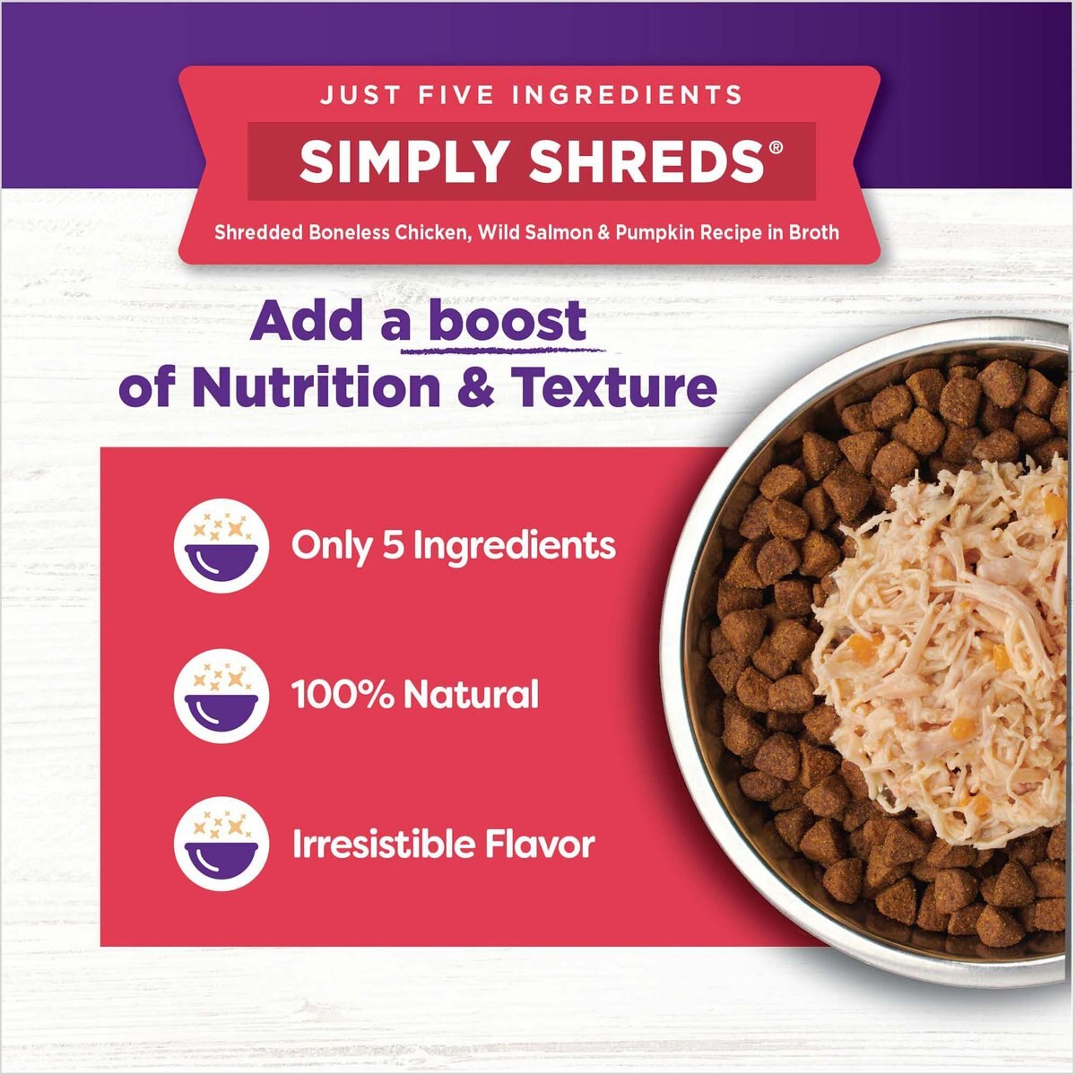 Wellness Bowl Boosters Simply Shreds Variety Pack Dog Food Tooping， 2.8-oz pouch， 12 count