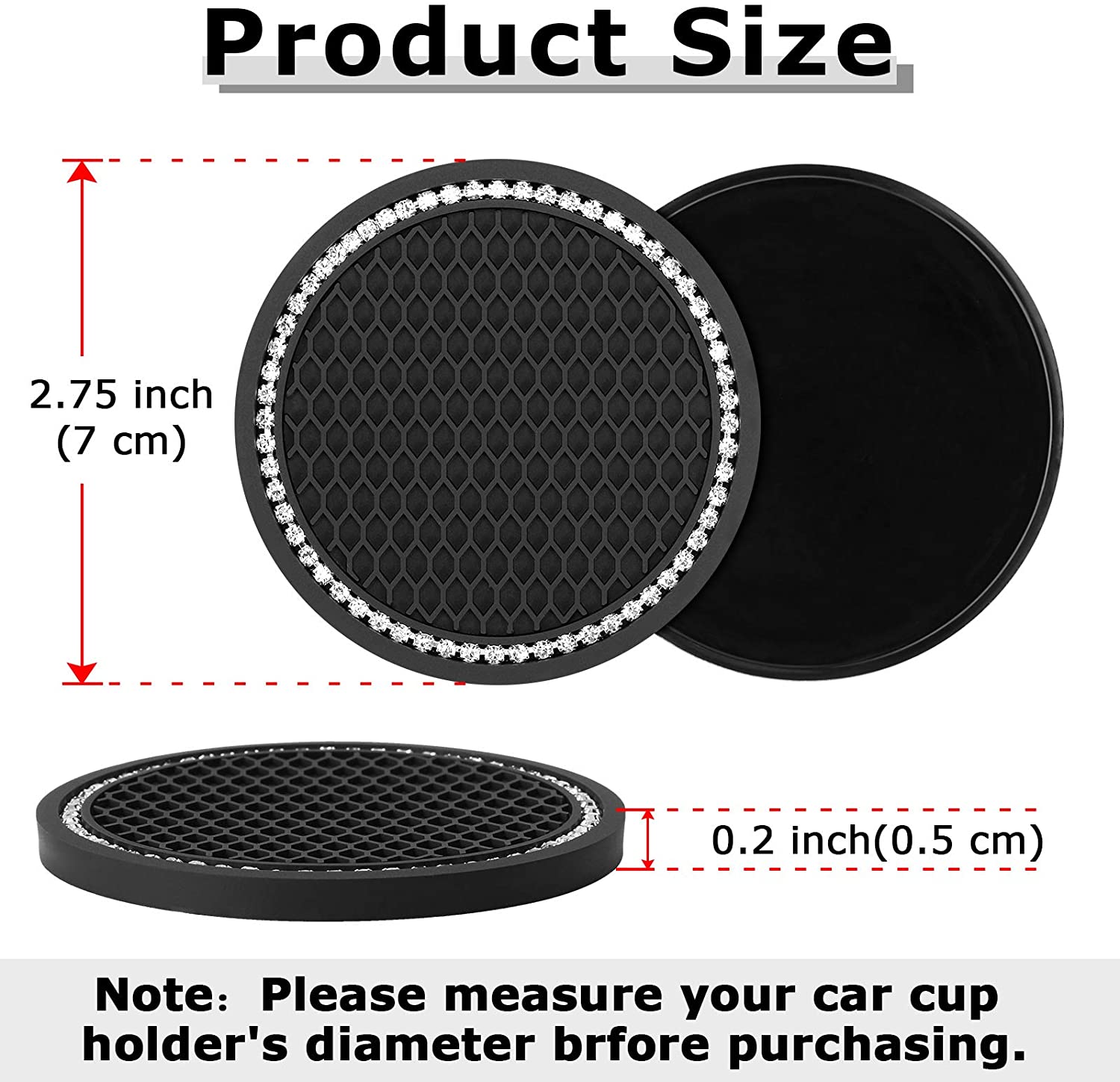 Fymlhomi Car Coasters for Cup Holders 4PCS Bling Car Accessories Coasters for Drinks Absorbent Coffee Table Cup Mat Drinking Coaster Silicone Drink Coasters with Holder Home Decor 2.75 Inch Black