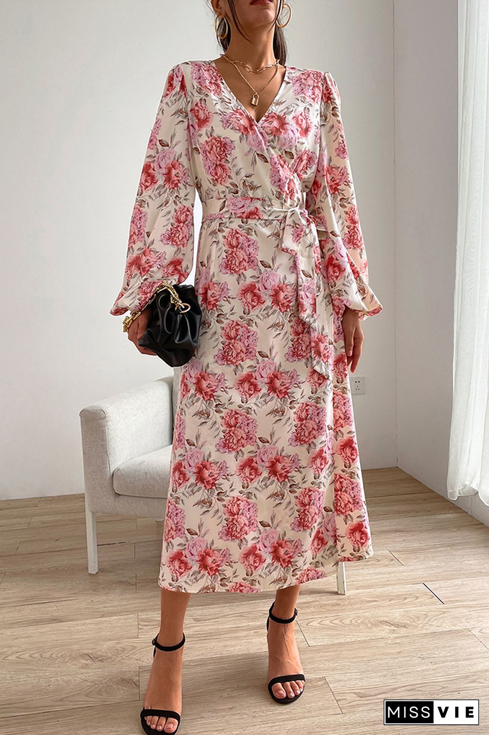 V Neck Puff Sleeve Waist Tie Knot Split Floral Dress