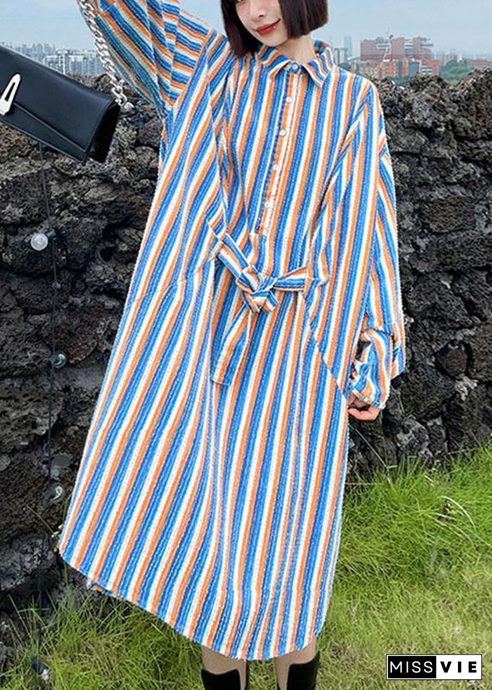 Unique Tie Waist Button Side Open Fall Striped Dress Long sleeve