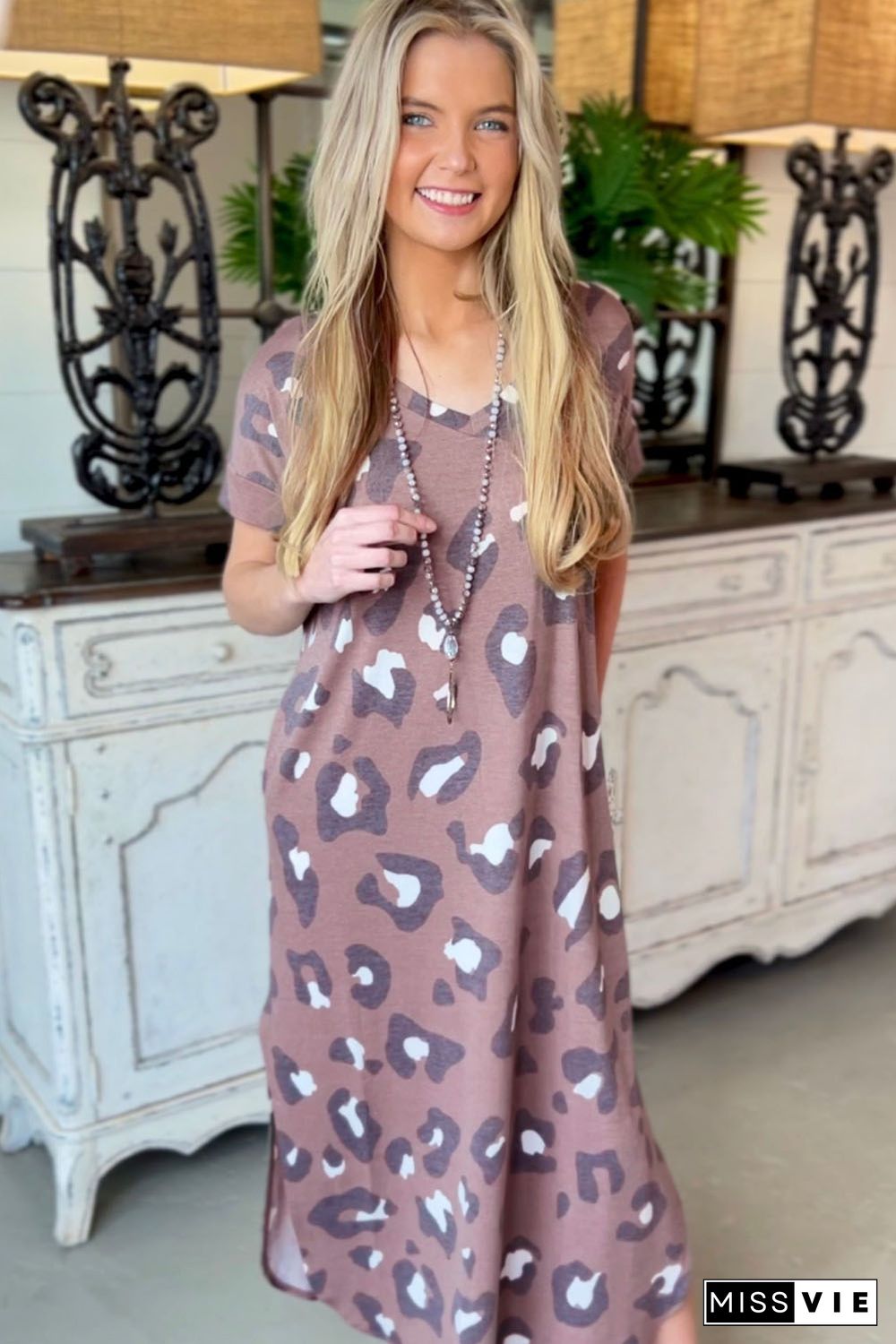 Leopard Print V Neck Long T-shirt Dress