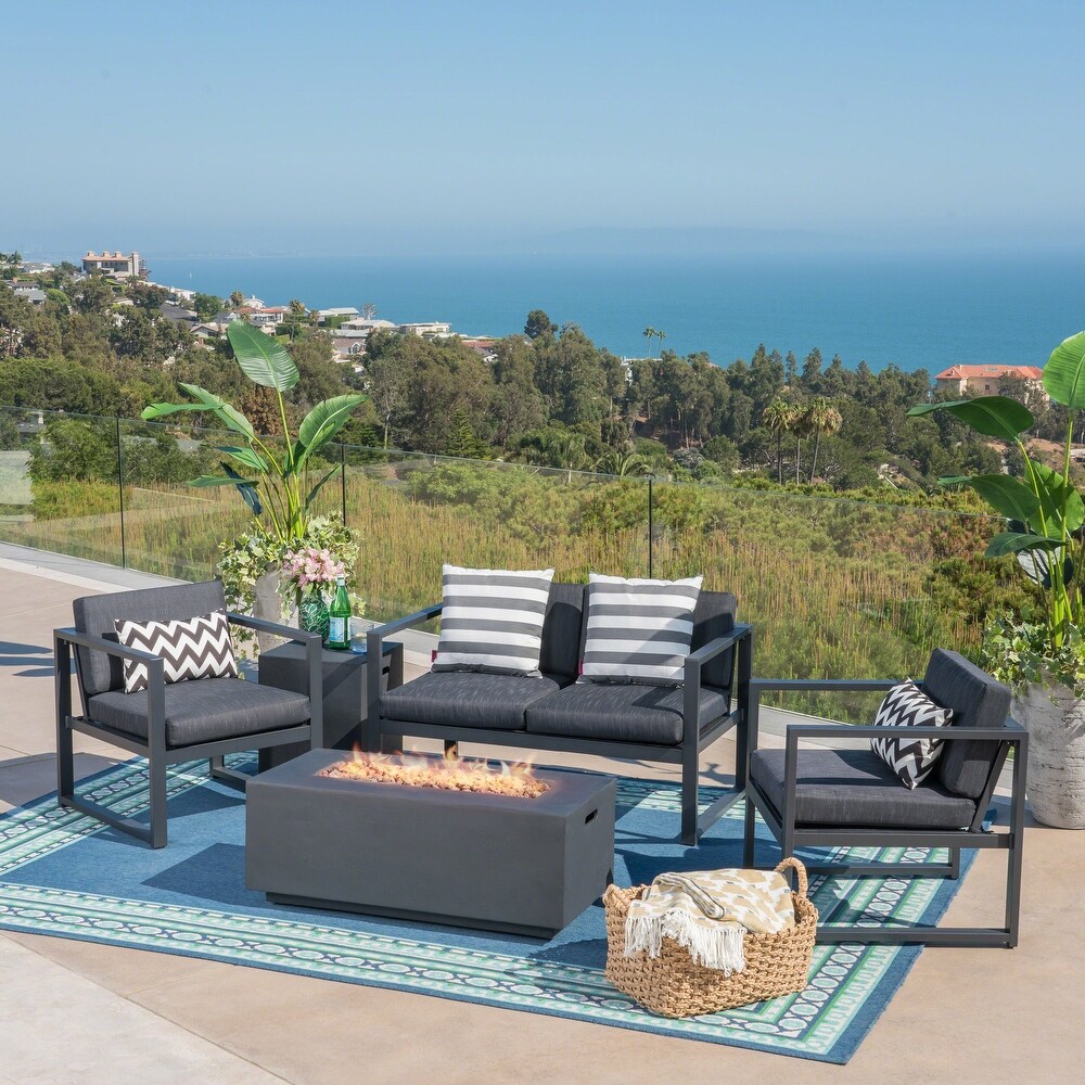 Camiguin Outdoor 4 Seater Aluminum Chat Set with Light Weight Concrete Fire Pit by Christopher Knight Home