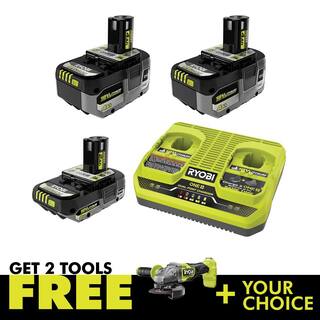 RYOBI ONE+ 18V HIGH PERFORMANCE Kit w (2) 4.0 Ah Batteries 2.0 Ah Battery 2-Port Charger  ONE+ HP Brushless Angle Grinder PSK023-PBLAG01B