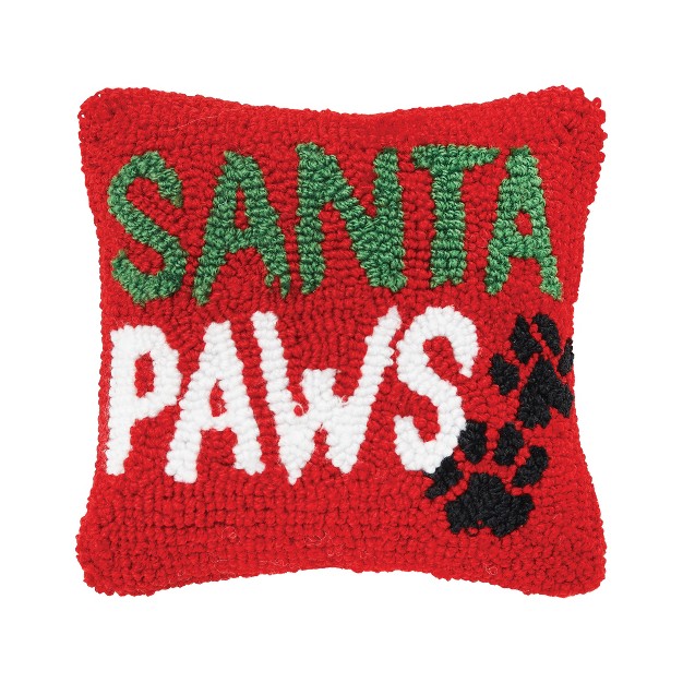 X 8 quot quot santa Paws quot Christmas Sentiment With Paw Prints On Red Background Petite Accent Hooked Throw Pillow