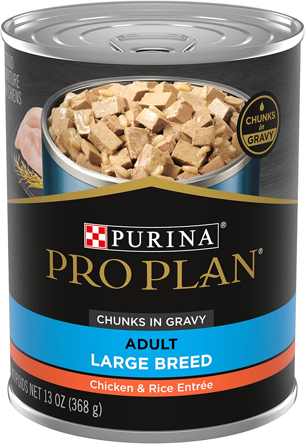 Purina Pro Plan Gravy Wet Dog Food for Large Dogs， Large Breed Chicken and Rice Entree - (12) 13 oz. Cans