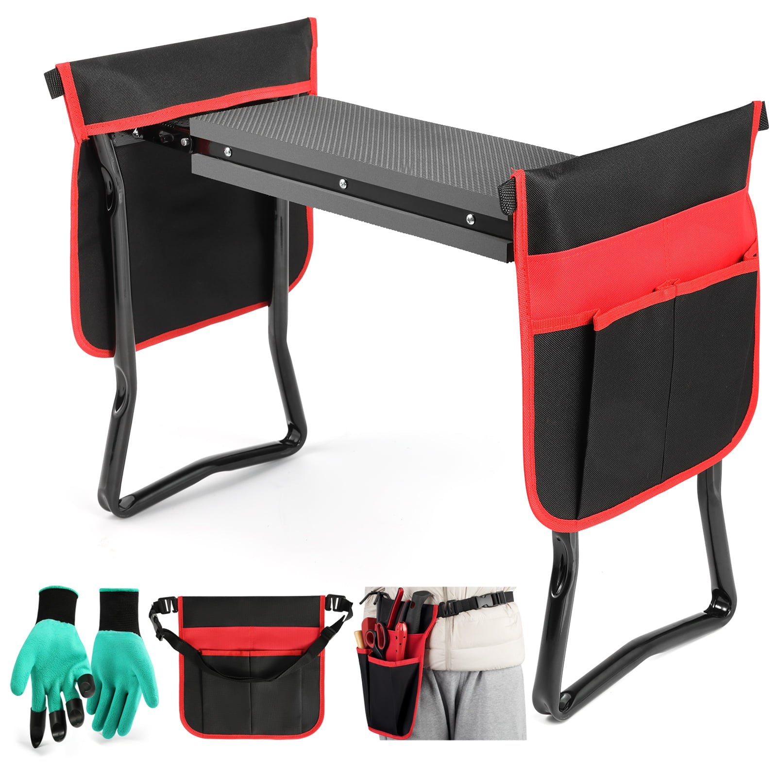 Artist Hand Black Deep Seat Garden Kneeler and Seat Folding Bench Stool w/ 2 Tool Pouche, Kneeling Pad Cushion, Detachable Belt