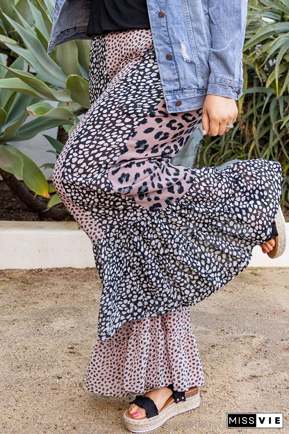 Leopard Print Color Block Ruffled Plus Size Pants