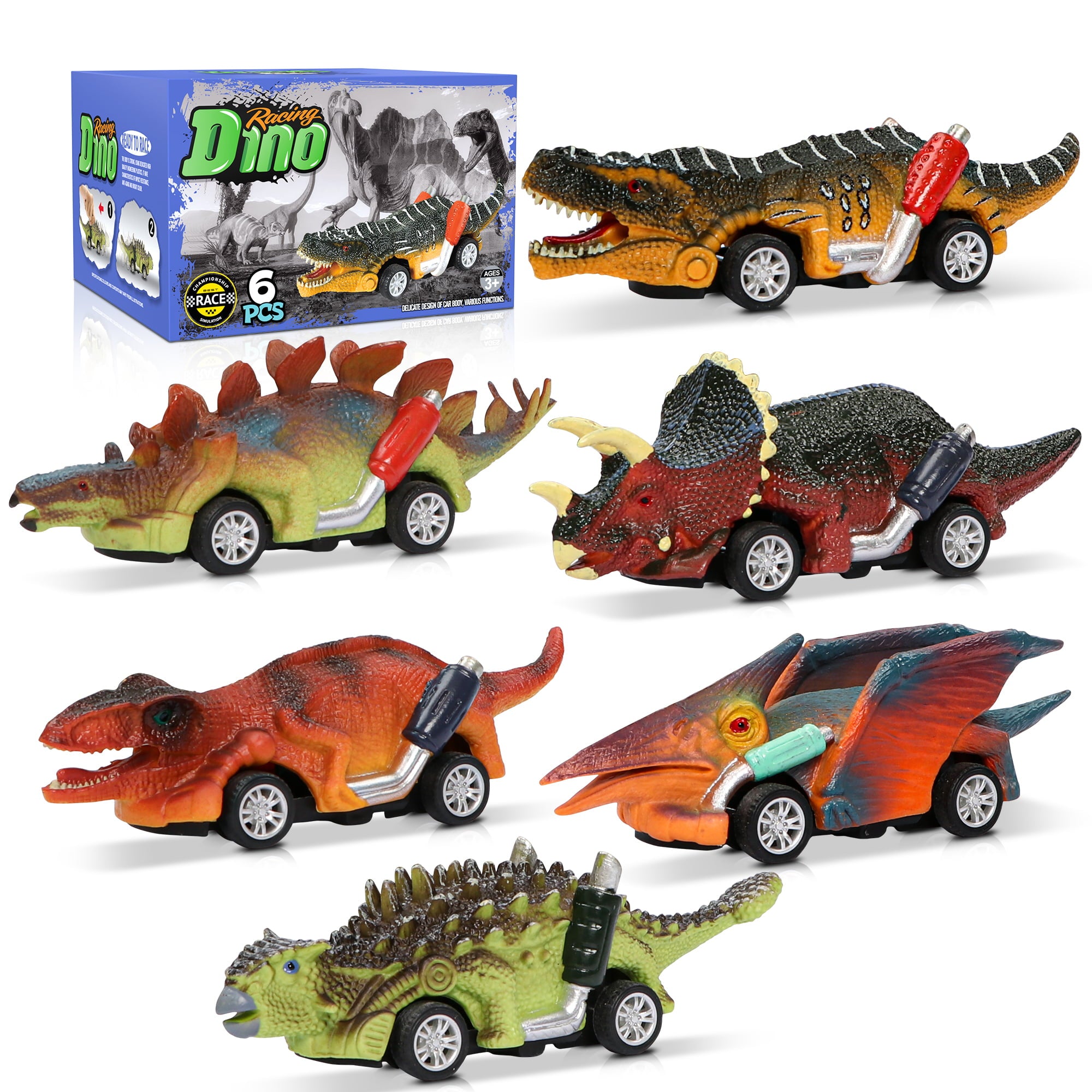 Beefunni Dinosaur Toy Pull Back Cars， 6 Pack Dinosaur Car Toys Dinosaur Games with T-Rex Gift for 3-5 Year Old Boys and Toddlers