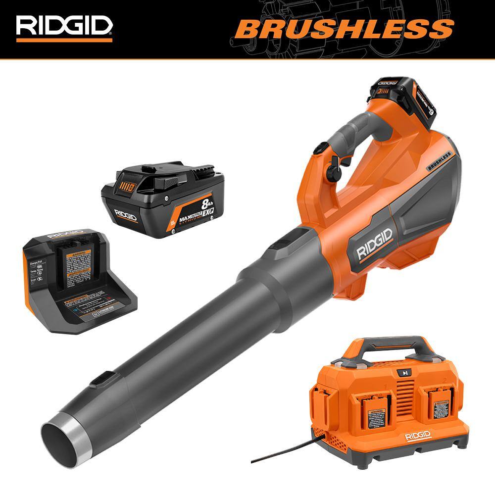 RIDGID 18V Brushless Cordless Blower Kit with 6.0 Ah MAX Output Battery Charger 6-Port Charger and 8.0 Ah MAX Output Battery R01601KVNM-AC86096-AC840080