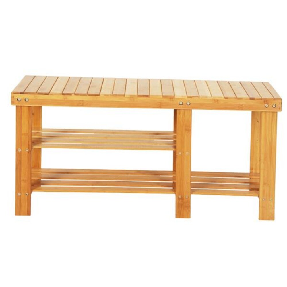 90cm Strip Pattern Tiers Bamboo Stool Shoe Rack with Boots Compartment Wood Color   35.43 x 11.02 x 17.72