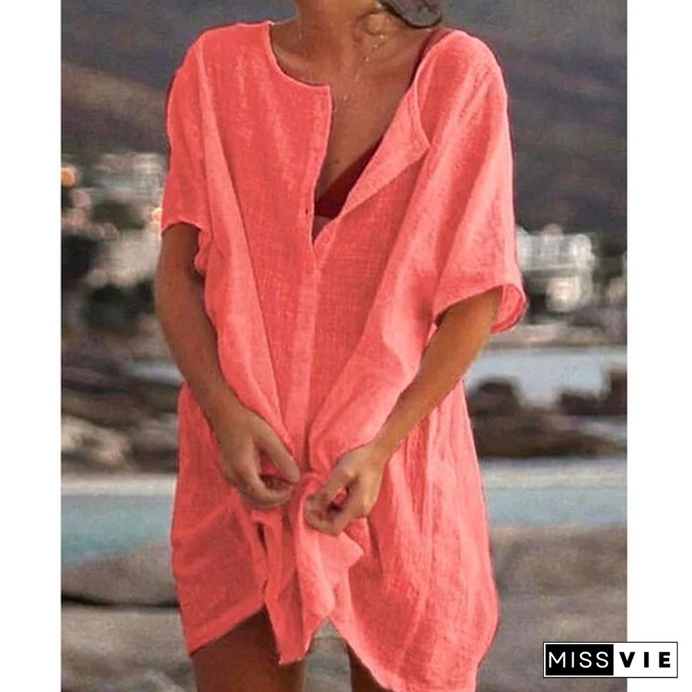 Fashion Summer Clothes Women's Casual Short Sleeve Dresses Beach Wear Robe Femme Swimwear Cover-up Linen Dress Loose Blouses Long T-shirt Deep V-neck Solid Color Swimsuit Cover-ups Dress Mini Party Dress