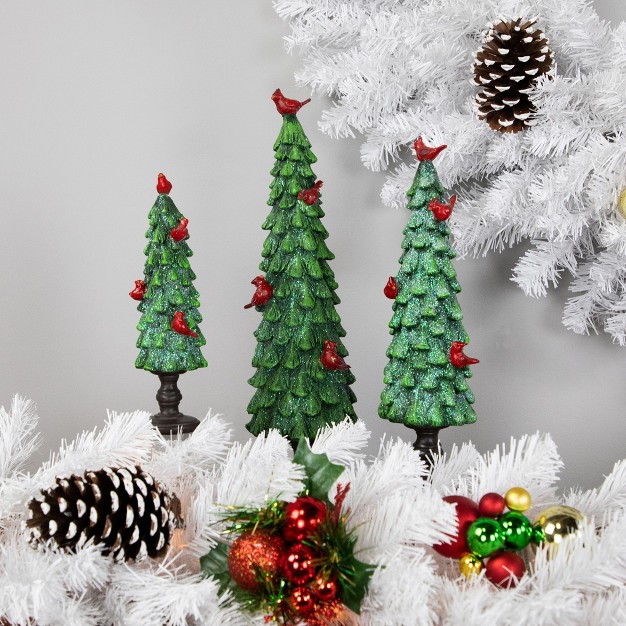 Green Glittered Christmas Tree With Red Cardinals Decoration