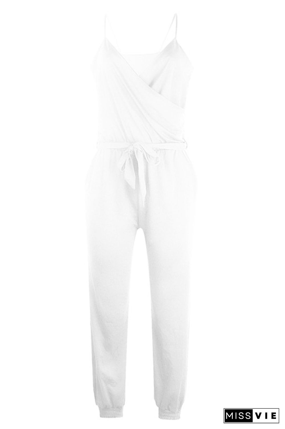 White Solid Color Slip Jumpsuit With Belt