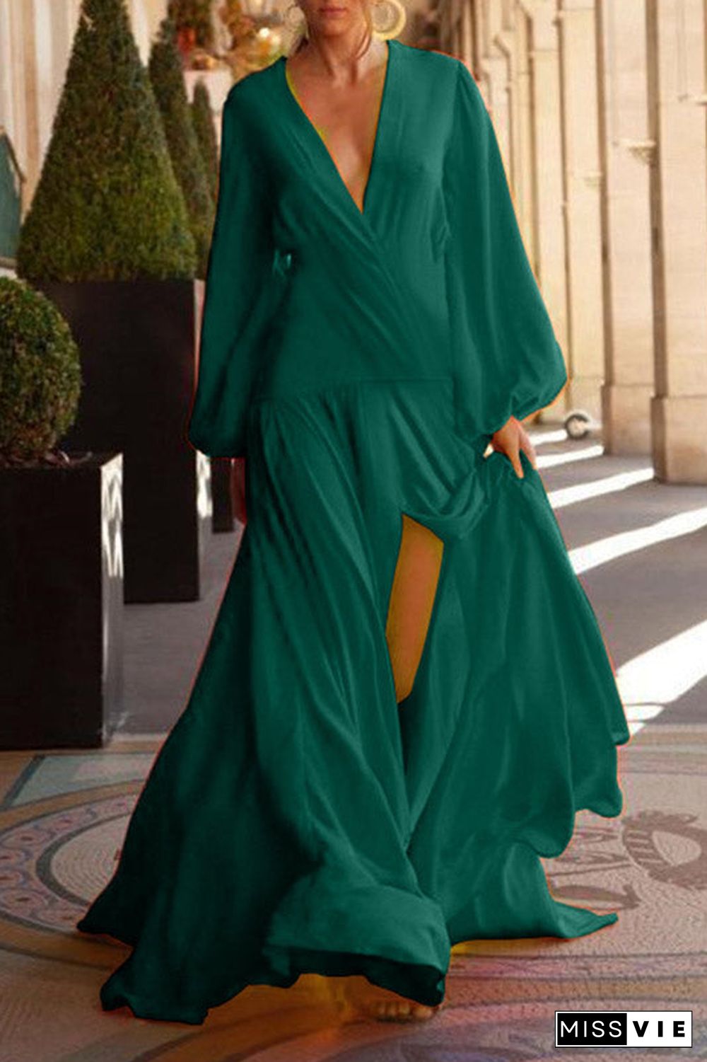 Sexy Orange Long Sleeve High Split Evening Dress