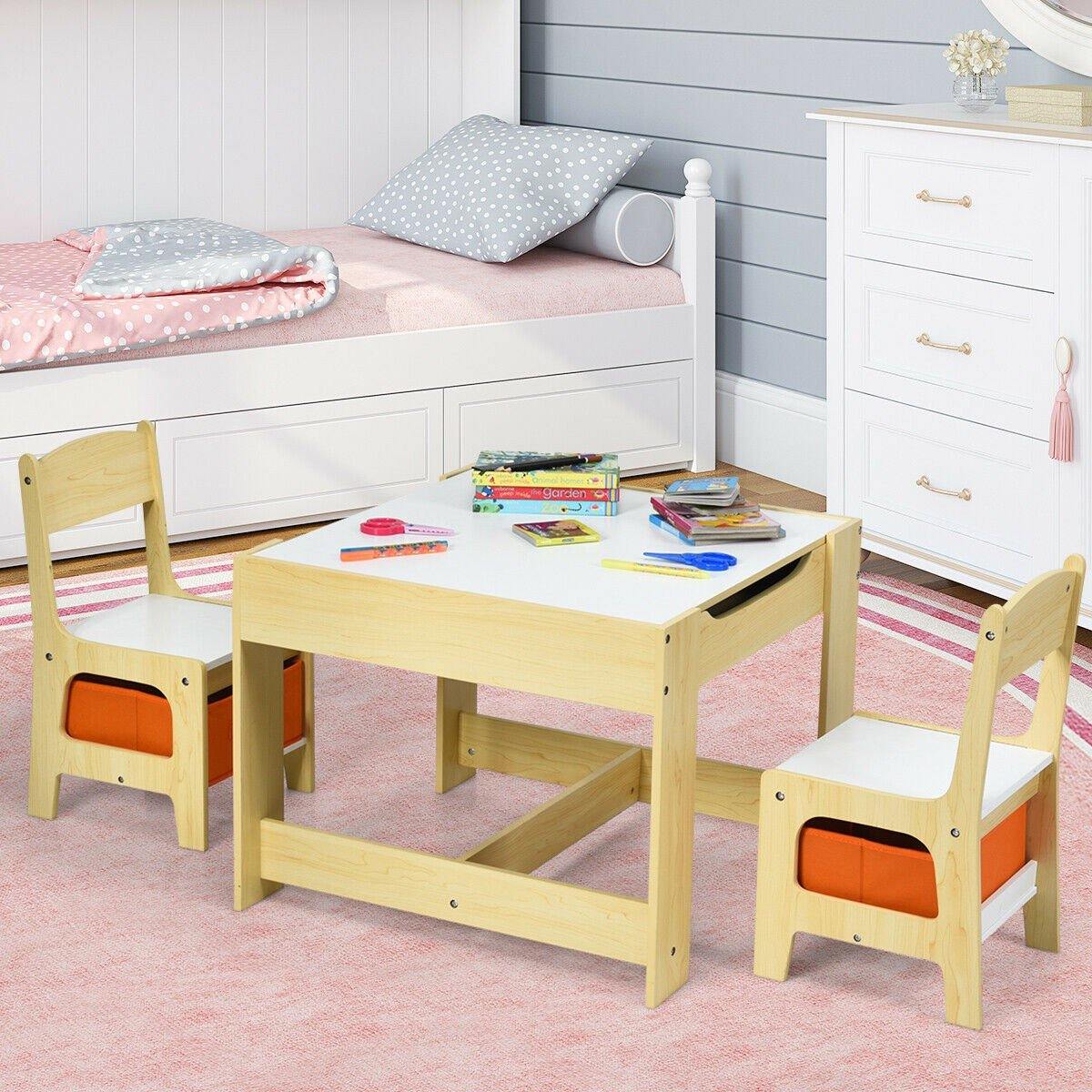 3 in 1 Kids Wood Table & 2 Chair Set | Children Activity Table Desk Sets