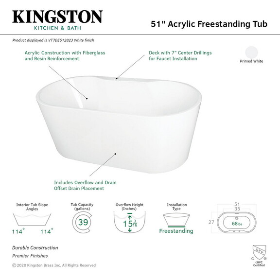 Kingston Brass VT7DE512823 Aqua Eden 51 Inch Acryl...