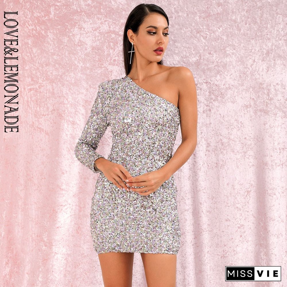 Love&Lemonade Sexy One Shoulder Bodycon Silver Colorful Sequins Party Mini Long Sleeve Dress Lm82093