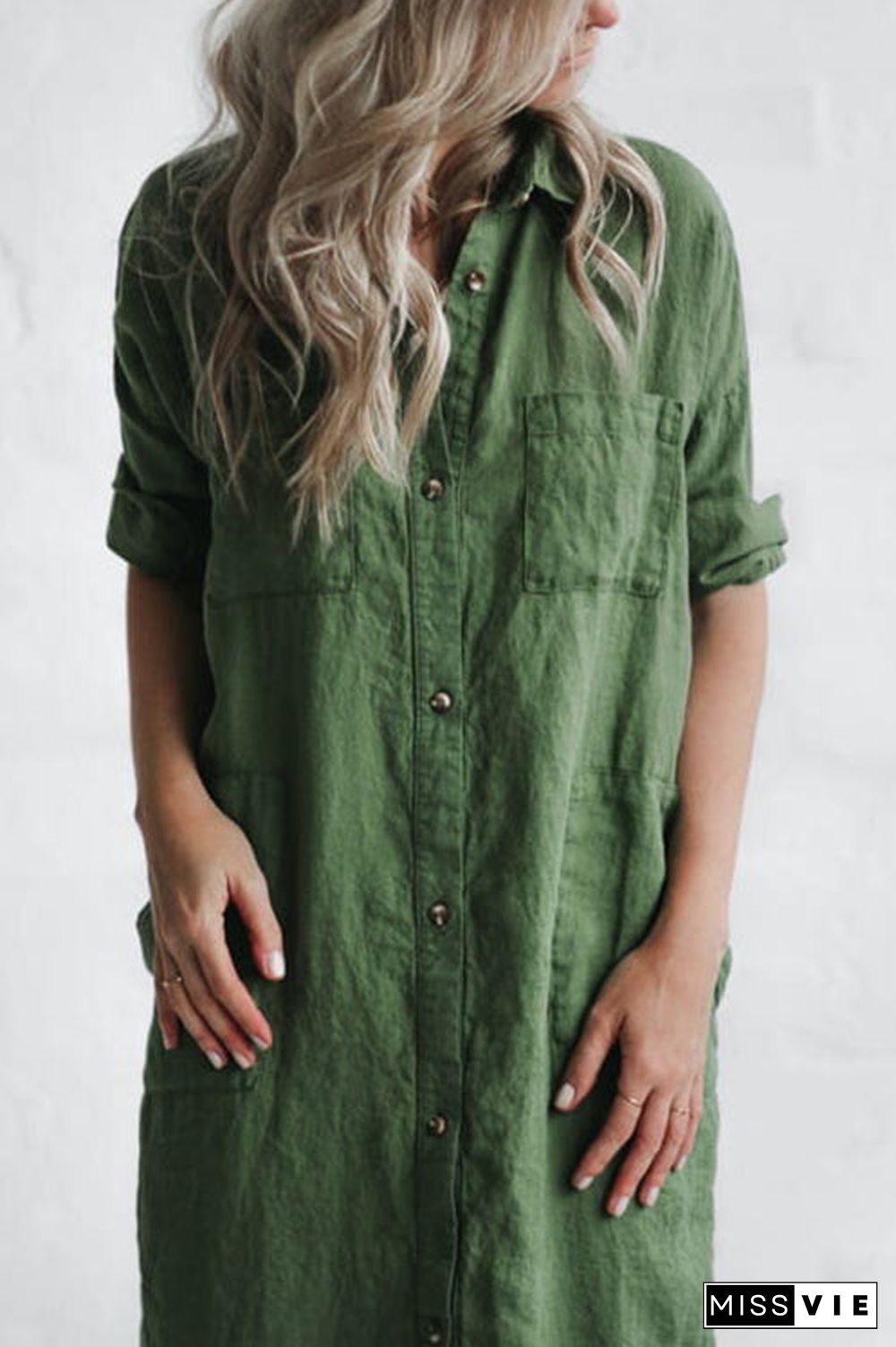 Linen Button Pockets Shirt Maxi Dress