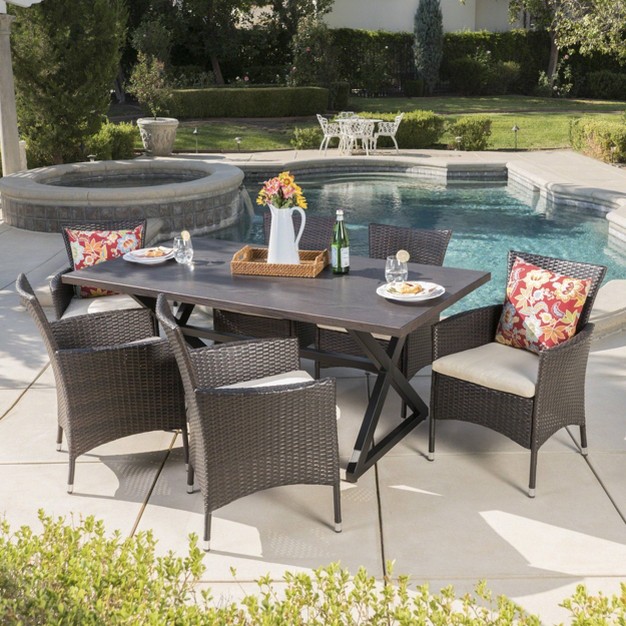 Dion 7pc Aluminum amp Wicker Patio Dining Set Brown Christopher Knight Home