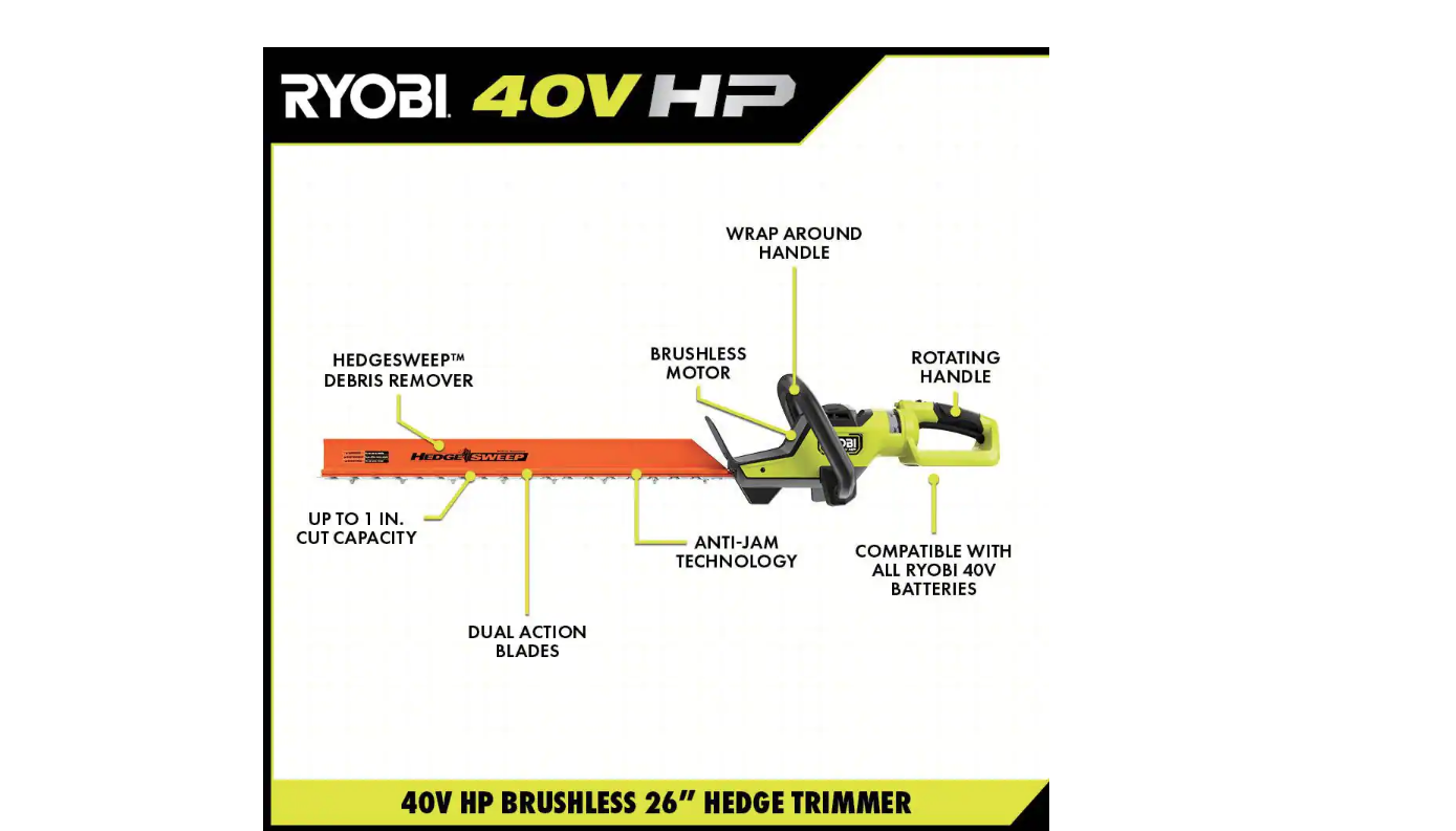 RYOBI RY40604BTLVNM 40V HP Brushless 26 in. Cordless Battery Hedge Trimmer (Tool Only)