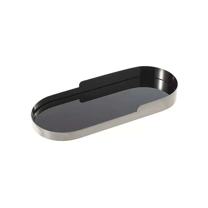 Black Glass Tray With Silver Metal Detail - Oval Fc-W22007