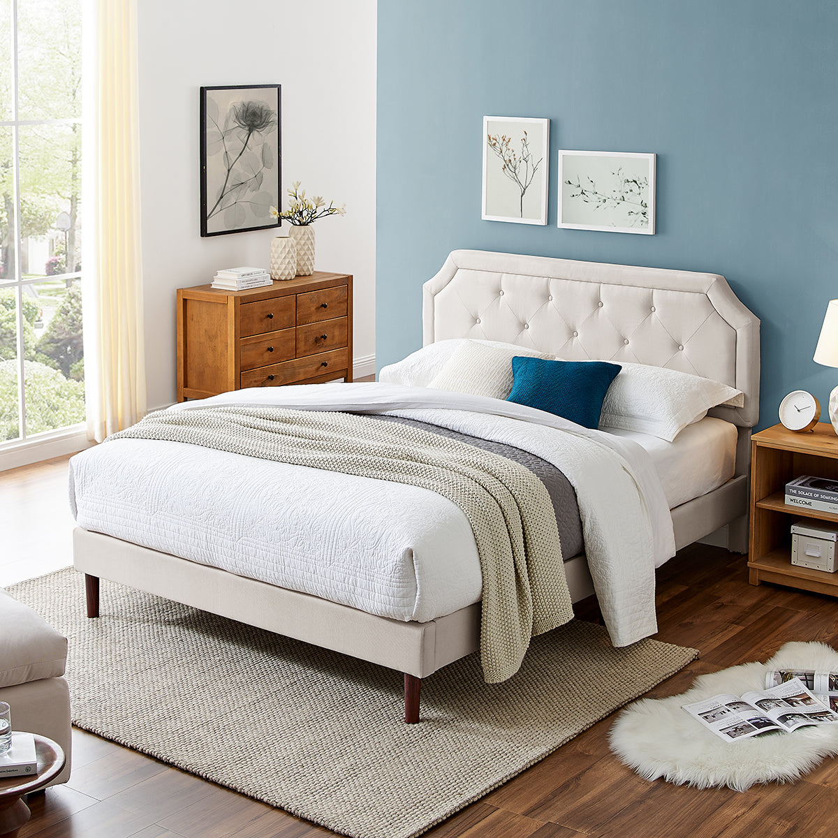 Bika Hom BU1002B-T Tufted Upholstered Platform Twin Size Bed Frame with Adjustable Height Headboard& Beige