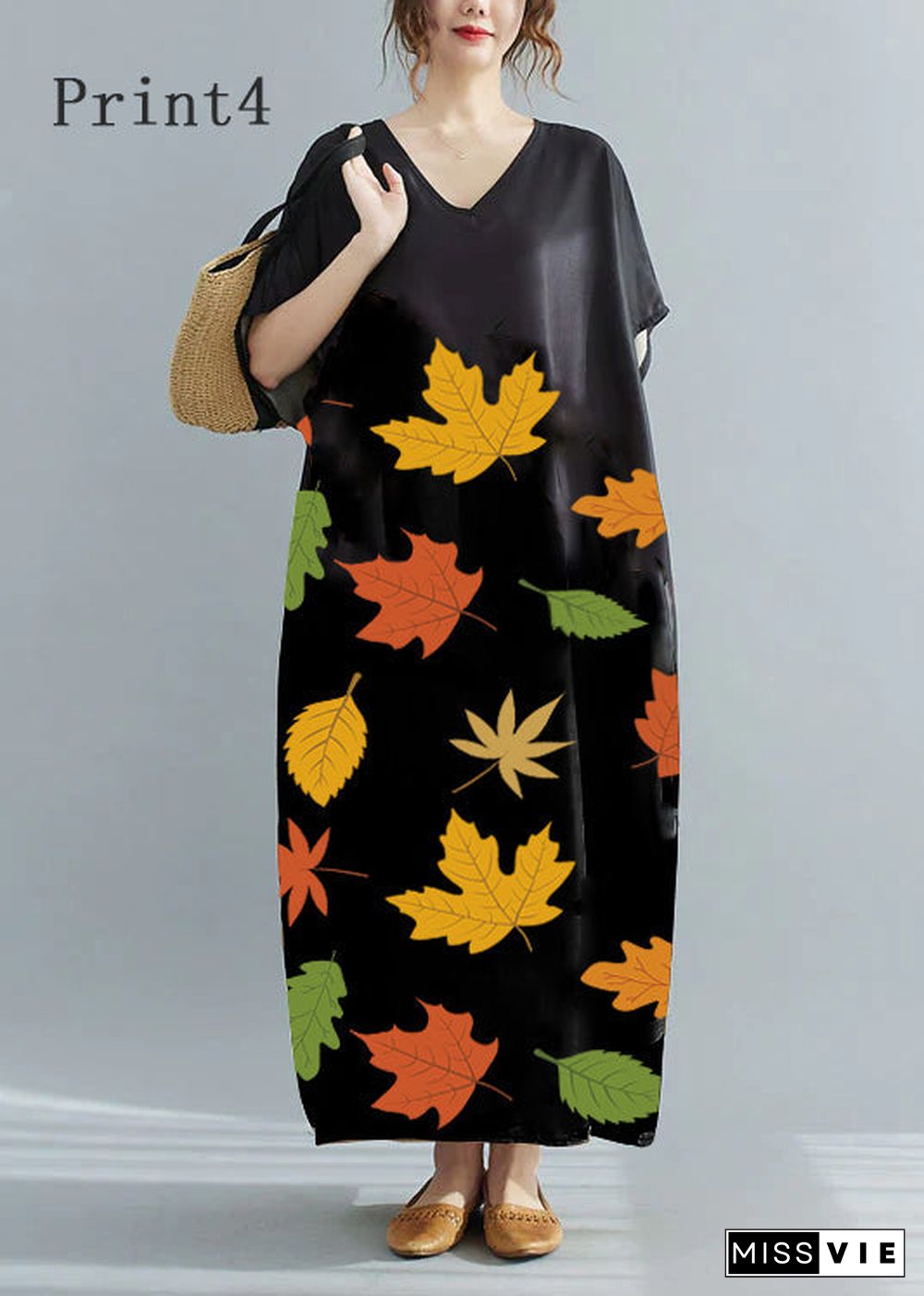 Loose Black - texture V Neck Oversized Leaf Print Chiffon Long Dress Short Sleeve