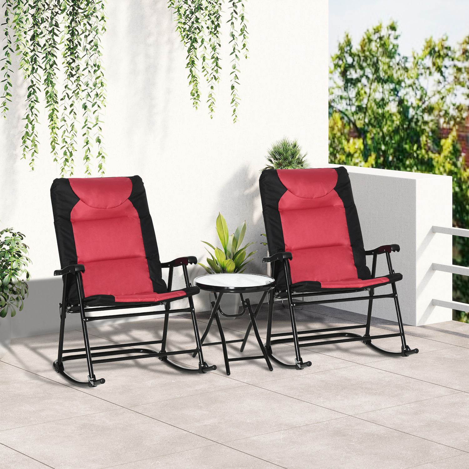 Outsunny 3-Piece Conversation Bistro Set Outdoor Patio Furniture with Glass Coffee Table for Backyard， Garden， Balcony， Porch Red