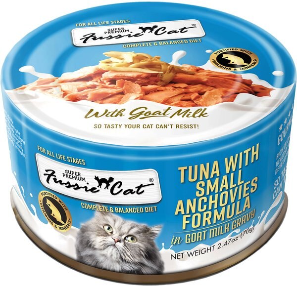 Fussie Cat Tuna with Small Anchovies in Goats Milk Wet Cat Food， 2.47-oz can， case of 24