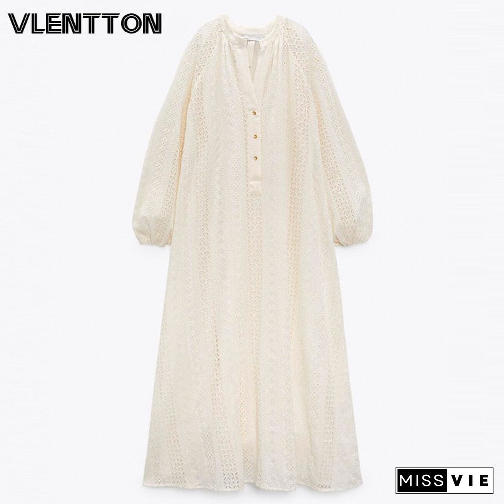 New Women Summer Vintage Embroidery Dress Loose Long Sleeve Buttons Females Casual Beige Midi Dresses Vestidos Robe