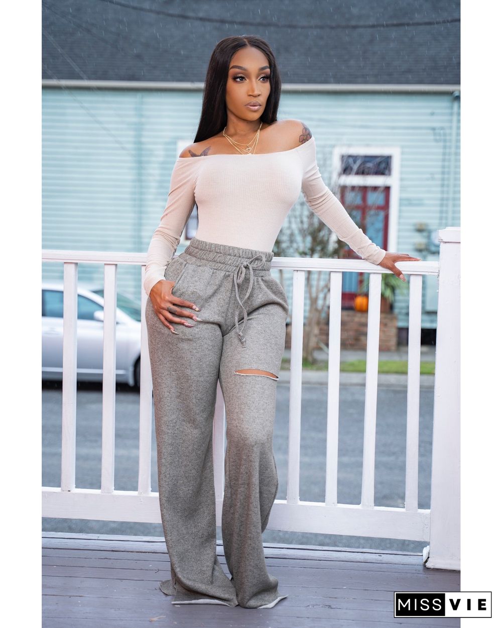 High Waist Casual Joggers Hole Wide Leg Pants