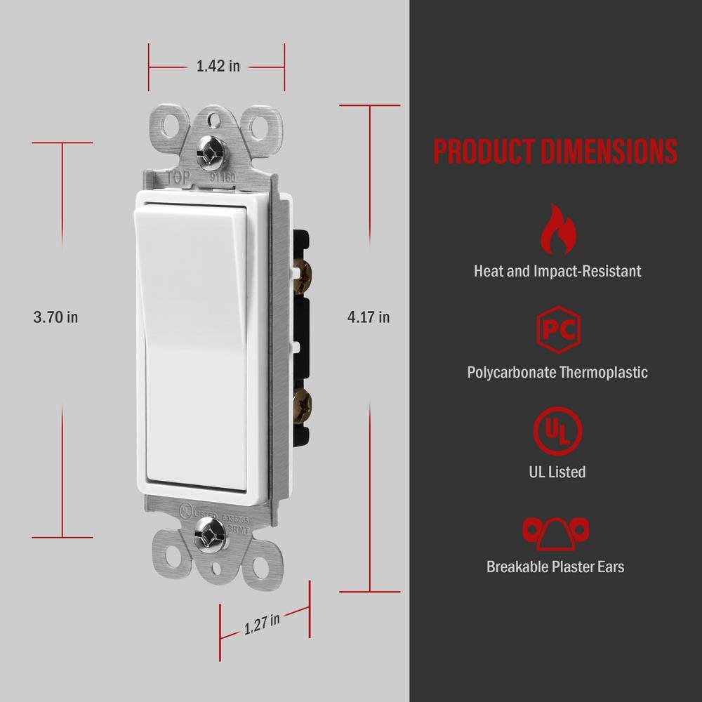 ENERLITES 15 Amp Single Pole Illuminated Decorator Paddle Rocker Light Switch White (3-Pack) 91160-W3P