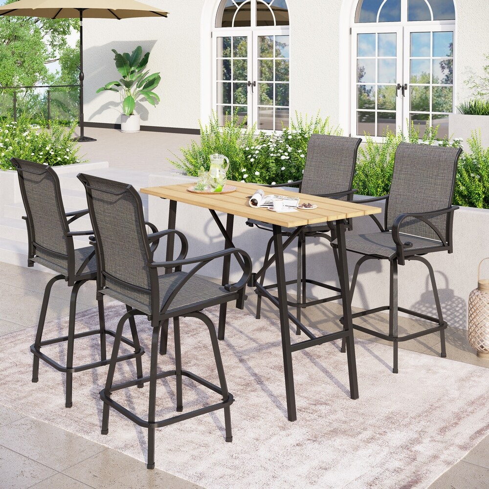 5 Piece Patio Bar Stool Set Wood grain Bar Table   Textilene Swivel Stools