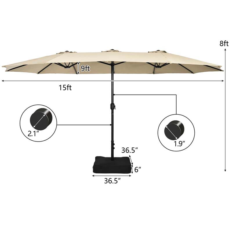 15FT Double-Sided Twin Patio Umbrella with Base & Crank System, Extra-Large Cantilever Market Umbrella