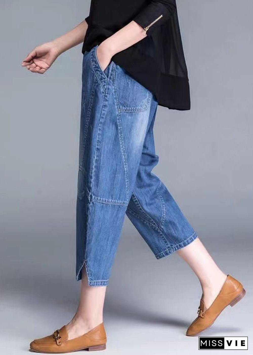 Plus Size Blue Pockets Patchwork lantern Fall Denim Pants