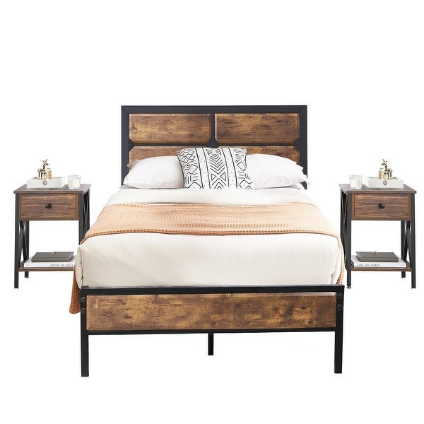 Industrial 3-Piece Platform Bed Frame and Charging Station USB Port Nightstands Set of 2 Rustic Brown - - 36714347