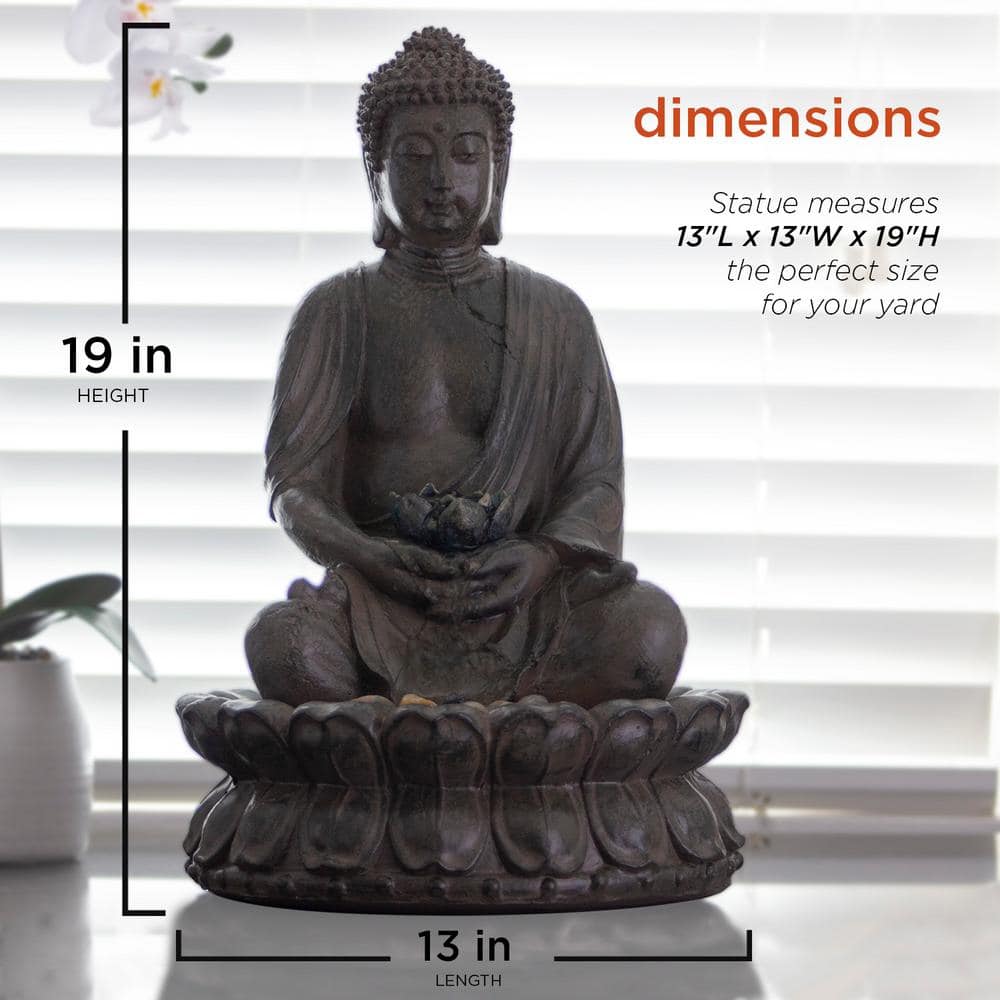 Alpine Corporation 19 in. Tall Indoor/Outdoor Tabletop Meditating Buddha with Lotus Flower Fountain with LED Light GEM178