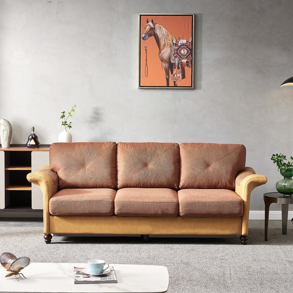 Living Room Furniture sofa  Linen Fabric Faux Leather sofa with Wood Leg  3 Seating Capacity sofa