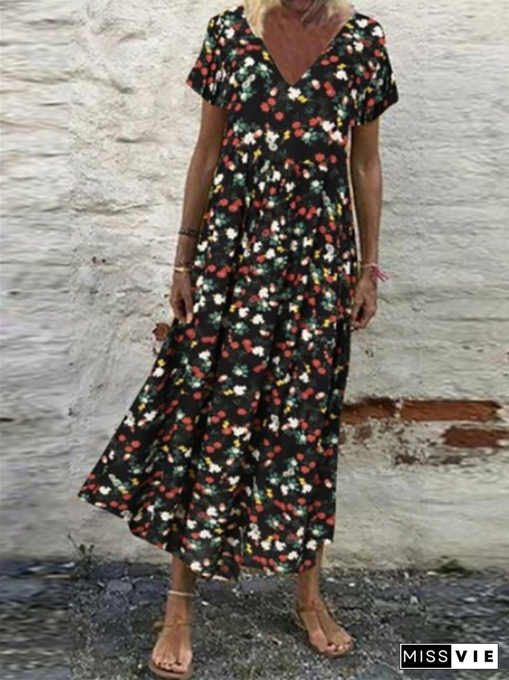 New V-neck Short Sleeve Long Skirt Retro Print Loose Dress Women's Dress