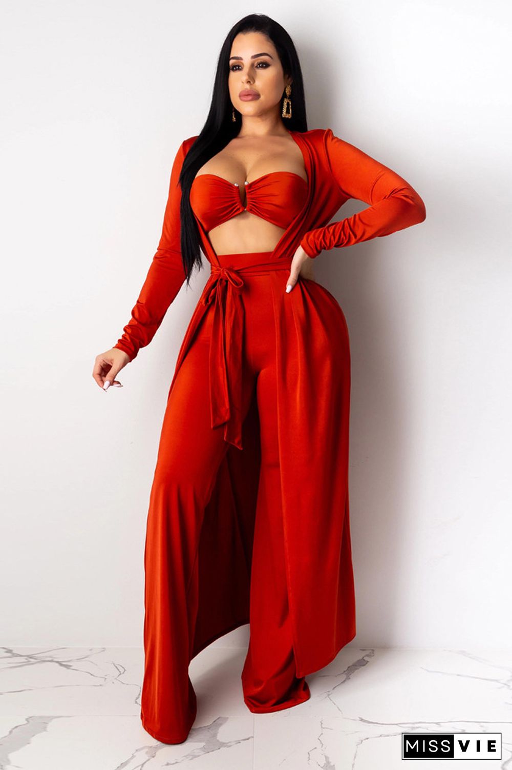 Crop Bra Top Wide Leg Pants Long Cardigan Set