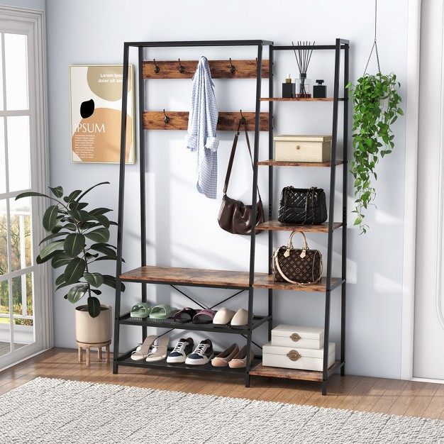 Tangkula Hall Tree With Storage Bench 5 in 1 Freestanding Coat Rack W 9 Hooks 5 Side Shelves 2 Mesh Shoe Shelves