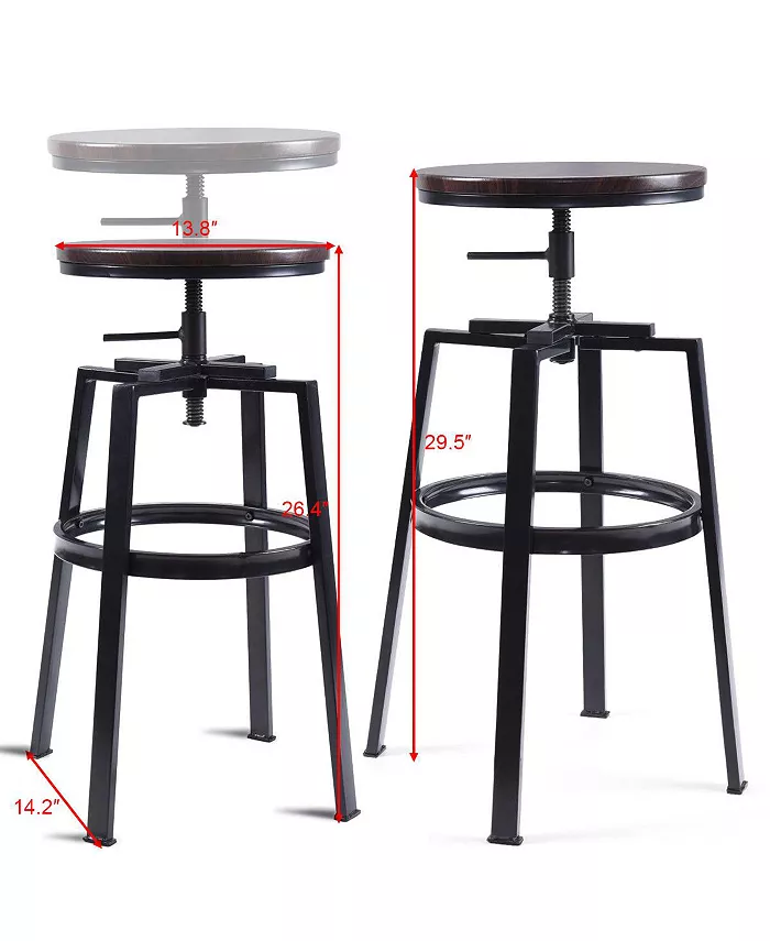 Costway Set of 2 Vintage Bar Stool Adjustable Wood Metal Chairs