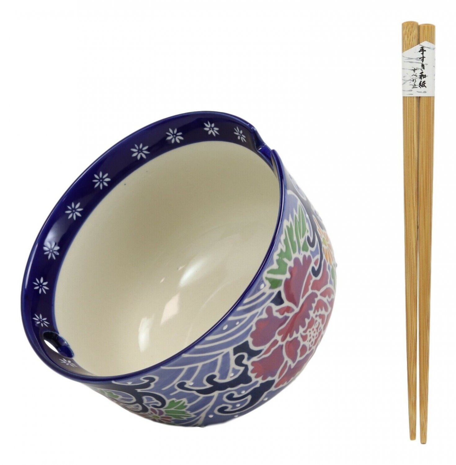 1 Blue Floral Breeze Ramen Noodles Large 6.25D Pho Soup Bowl With Chopsticks Set EBR02